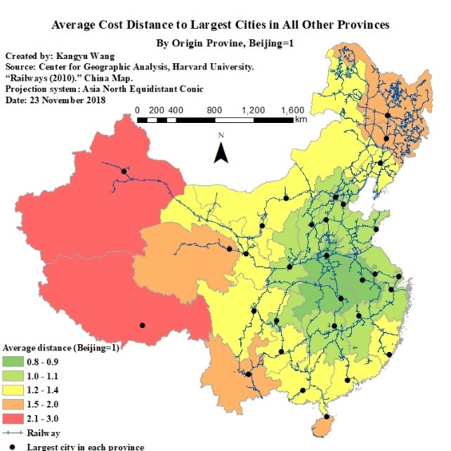 average cost distance to largest cities in all other provinces